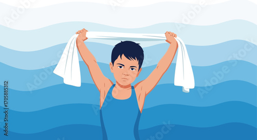 Young Person Holds Towel Above Head, Representing Recreation and Water Sports After Swimming