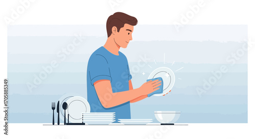 Daily Chores: A Man Enjoying The Process of Drying Clean Dishes In His Kitchen