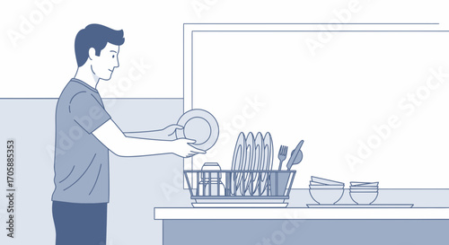 Daily Chore: Man Putting Dish Into Drying Rack, Kitchen Dishware, Simple Illustration