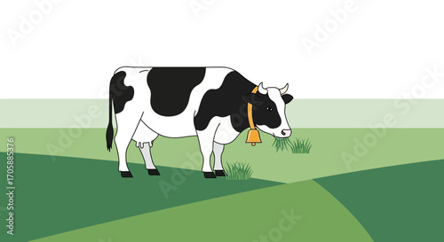 Dairy Cow Grazing Peacefully In The Meadow, With A Bell Around Its Neck