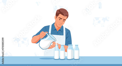 Dairyman Distributing Fresh Milk Into Bottles For Distribution And Consumption Product