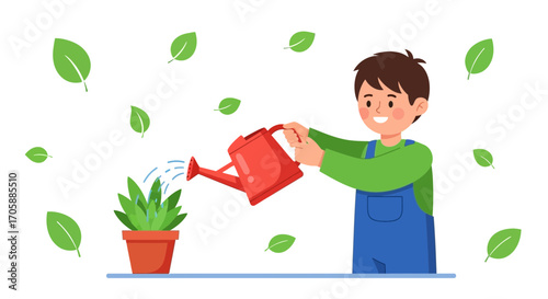 Young Person Nurturing Plants at Home Illustrating Growth, Nature, and Sustainable Living