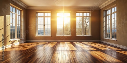 Sunlight streams through large windows illuminating a spacious room with hardwood floors