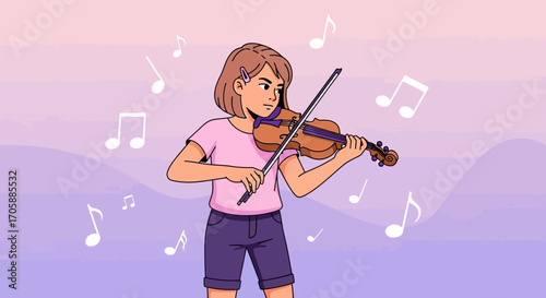 Young Person Playing Violin With Musical Notes in Modern Artistic Artistic Background