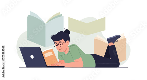 Young Person Reading Books and Using a Laptop for Learning and Enjoyment
