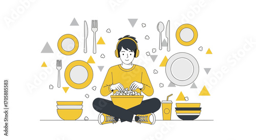 Young Person Relaxes, Eats Popcorn While Listening Music, Dinner Theme, White Background