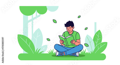 Young Person Reading Outdoors Amidst Nature, Enjoying Leisure and Knowledge