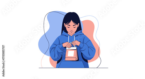 Young Person Unpacks Food Container, Illustrating Daily Life And Food Consumption