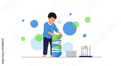Young Person Stacking Bowls and Plates, Depicting Helpful Act of Doing Dishes