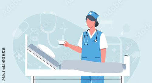 Dedicated Nurse Offering Beverage To Patient Providing Compassionate Care In Hospital Illustration
