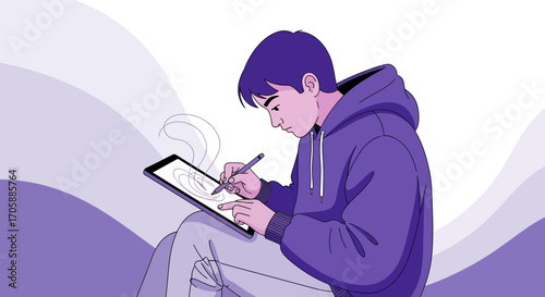 Young Person Using Tablet for Artwork with Hoodie Depicting Artistic Expression
