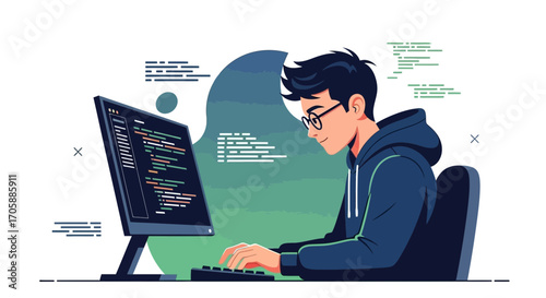 Young Professional Working on Code with Computer, Focusing on Software Development