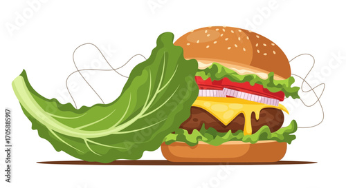 Delicious Hamburger Depicted Beside A Fresh Leaf Of Lettuce in Colorful Style