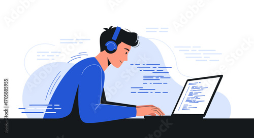 Young Programmer Focused On Codes And Listening To Music While Working On Laptop