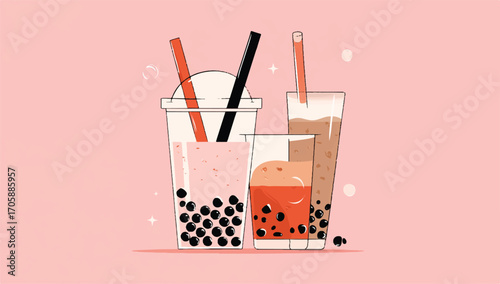set of flat vector icons for boba tea, white background, pink and orange color scheme, simple shapes, bold lines, and minimal details 