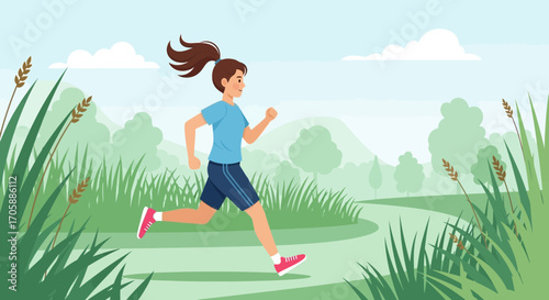 Young Runner Relaxes While Enjoying Her Run Through Lush Green Surroundings and Clear Skies