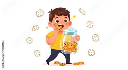 Delighted Boy Devouring Cookies From The Jar, A Sweet Treat Indulgence Design Illustration