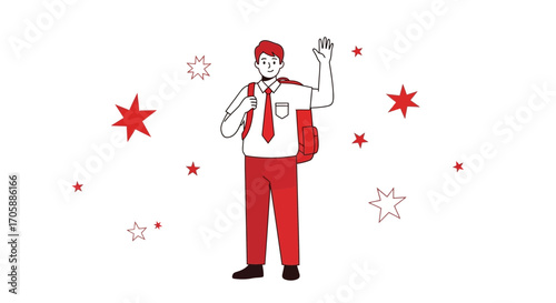 Young Schoolboy Waving Hello Amidst Red Star Accents, Illustration on White Background