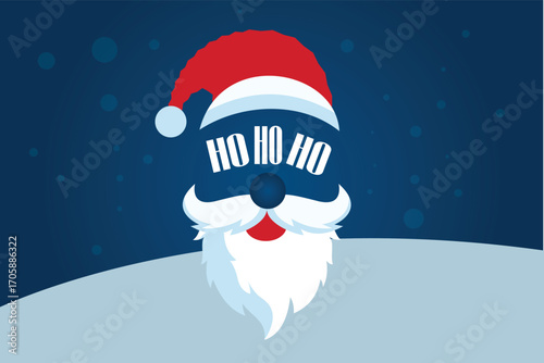 A cheerful Santa Claus face illustration featuring his iconic red hat with a fluffy white pom-pom, a long flowing beard, and round rosy cheeks.