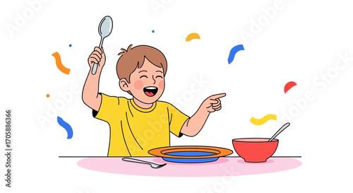 Delighted Child Enjoying Mealtime with Spoon, Bowl and Playful Celebration Elements