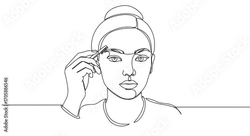 Woman using a brow pencil for eyebrow shaping in minimalist line style  