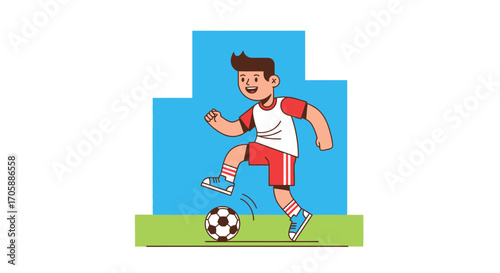 Young Soccer Player Dribbling A Ball With Joyful Expression On Green Field