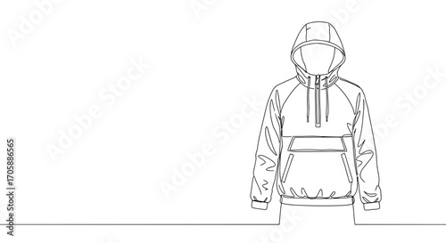 Line drawing of an outdoor hoodie with a front pocket and hood  