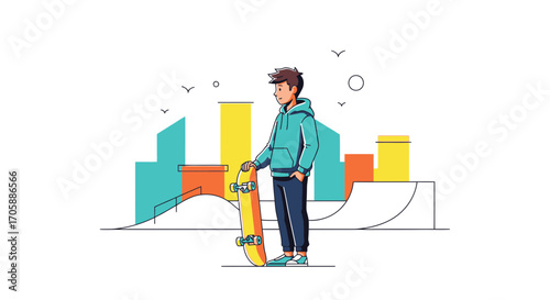 Young Skateboarder Stands Proudly Outdoors, Holding His Board, Ready For Adventure