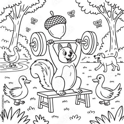 Funny squirrel lifting weights outdoors with ducks and dog for coloring fun
