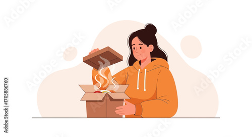 Delighted Person Receives and Unpacks Food Delivery Package With Fresh And Delicious Meals Inside