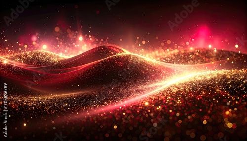 Delicate Silver Bokeh Specks over a Slate Gray Field with Golden Particle Waves and Sparkling Red Hues Radiating Elegance