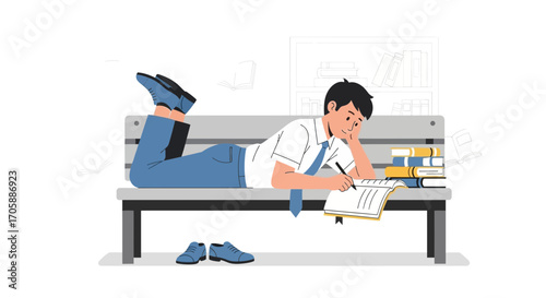 Young Student Resting And Planning On A Bench While Reading Books, Vector Illustration