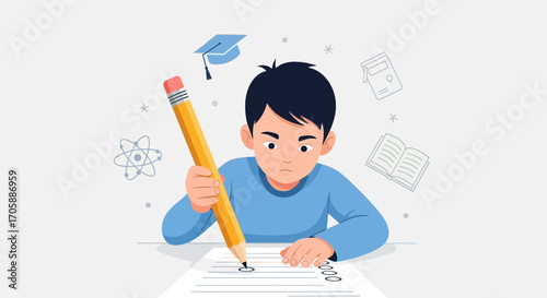 Young Student Taking An Examination Or Test, Ready To Circle The Answer
