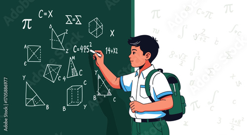 Young Student Solving Mathematical Equations on Blackboard Illustrating Educational Concepts