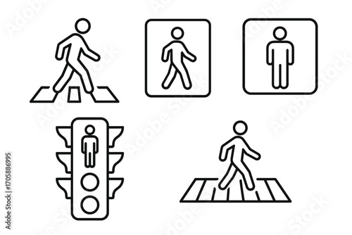 Pedestrian Icons Set – Crosswalk, Traffic Light, Walk Symbols