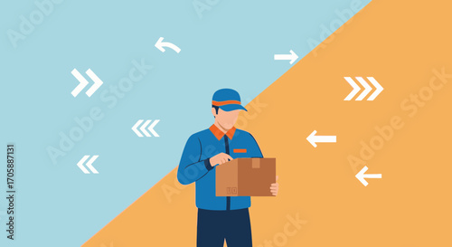 Delivery Agent With Package Amidst Directional Arrows, Demonstrating Logistics Operations