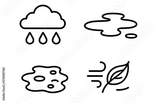 Weather and Nature Icons – Rain Cloud, Puddle, Mud, Wind with Leaf Line Symbols_simple_compose