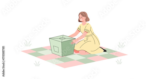 Young Woman Arranging Green Box On A Checkered Blanket Outside For Relaxation and Enjoying