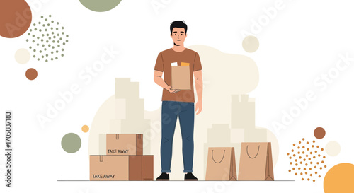 Delivery Attendant Offering Food Packages, Modern Illustration, Order Conveyance Design