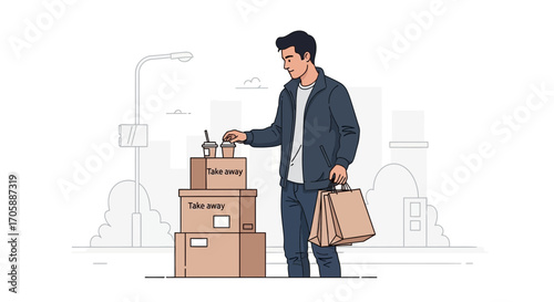 Delivery Person Arranging Takeaway Boxes and Carrying Shopping Bags, Isolated Environment
