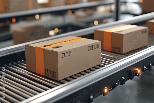 Parcels With Orange Straps Conveyor Belt in a Distribution Warehouse System Closeup