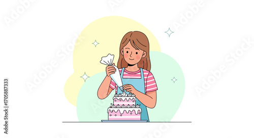 Young Woman Decorating Cake With Frosting, A Joyful Moment Captured In Delicate Illustration