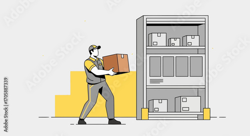 Delivery Person Carrying A Cardboard Box Within A Storage Unit Illustration Design