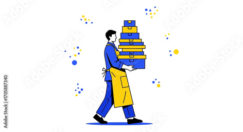 Delivery Person Carrying Stacked Boxes, Colorful Boxes Graphic, Digital Style, Illustration