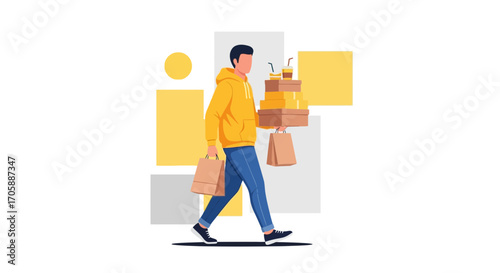 Delivery Person Carrying Multiple Items, Representing Takeaway and Ordering Concepts