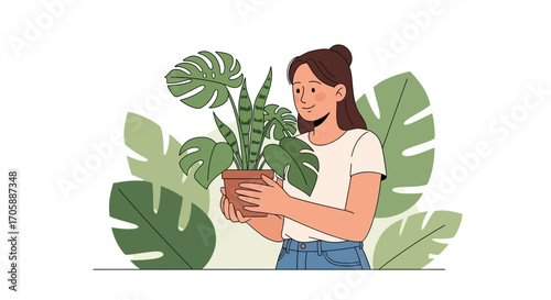 Young Woman Embracing a Potted Plant and Expressing Gardening Enthusiasm with Joy