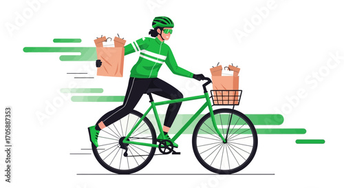 Delivery Person Cycling, Delivering Food, Fast, Green, Modern Illustration, Urban Lifestyle