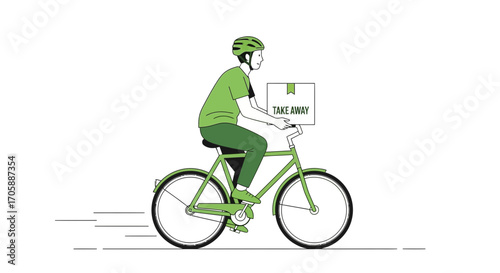 Delivery Person Cycling With Take Away Box, Fast Food Delivery Service Illustration