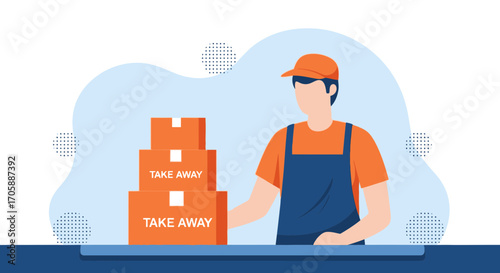 Delivery Person Presenting Takeaway Food Boxes Illustrating Order And Restaurant Service