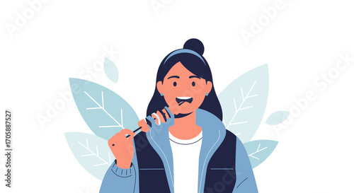 Young Woman Entertaining With Microphone Singing Illustration and Decorative Accents